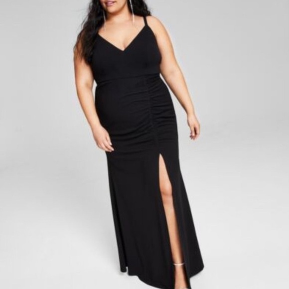 Emerald Sundae Trendy Plus Size Side Shirred Ruched Black Spaghetti Strap Gown - Picture 3 of 12